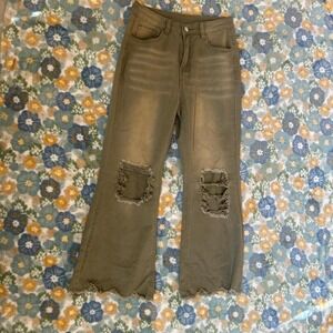 tan / brown distressed denim jeans with ripped knees and raw hem women's 4